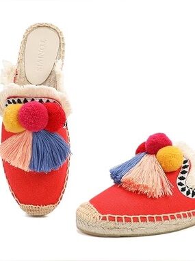TONIVIS Boho Pom Pom Tassel Espadrille Mule Slides Size 9